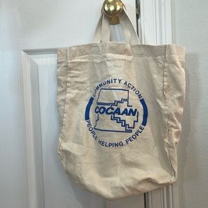 Community action canvas tote bag, people helping people white blue
